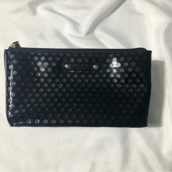 Kate Spade Makeup Case Patent faux Leather  Black Polkadot - Picture 1 of 14